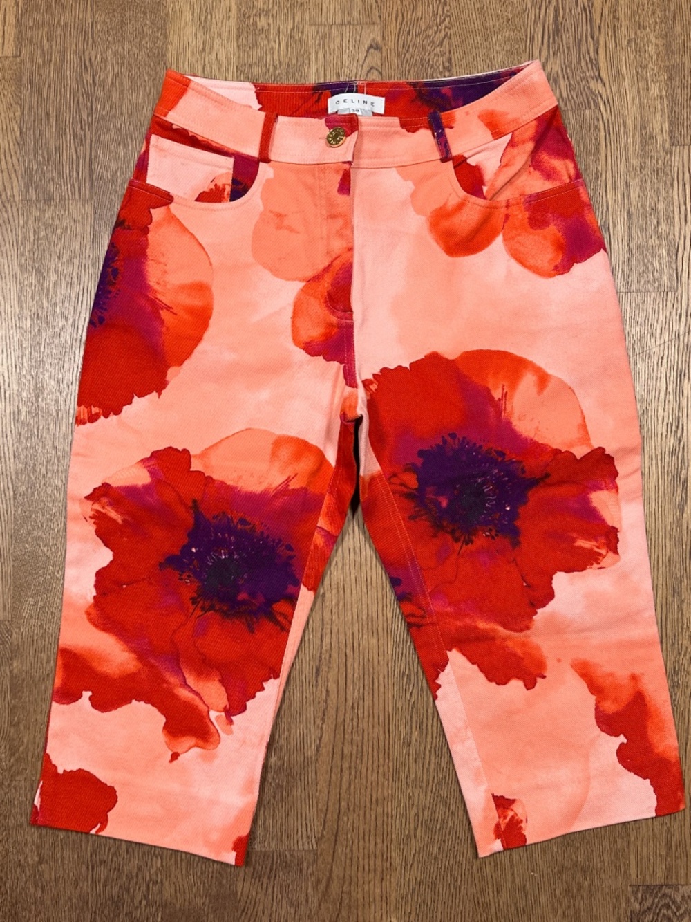 Vintage Y2K Celine Poppy Print Floral Flower Tie Dye Pink 3/4 Pants Womens 38